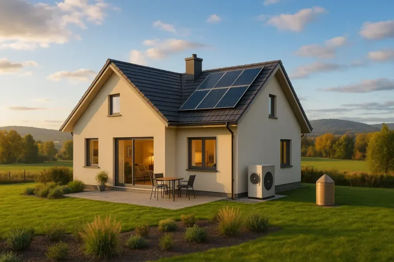 Widok na nowoczesny dom z systemem ogrzewania przyjaznym dla środowiska.