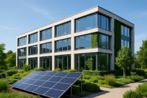 Wizualizacja nowoczesnego budynku z technologiami oszczędzającymi energię, promującymi efektywność energetyczną.