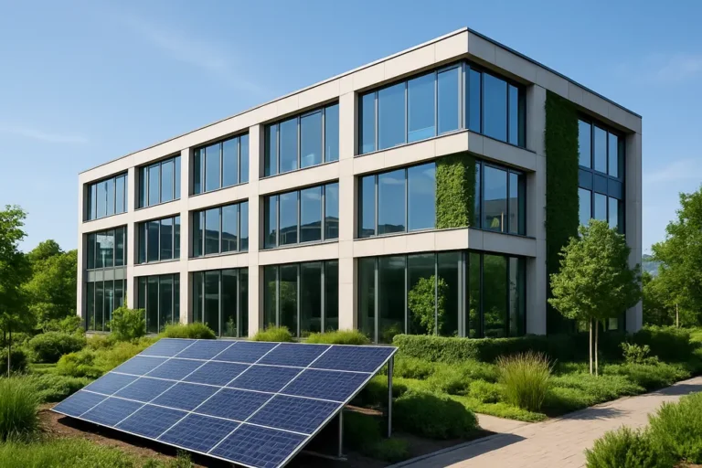 Audyt energetyczny – Klucz do efektywności energetycznej w Twoim budynku 8 Wizualizacja nowoczesnego budynku z technologiami oszczędzającymi energię, promującymi efektywność energetyczną.