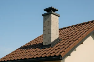 Completed system chimney optimally positioned on a roof, representing safe and efficient installation.