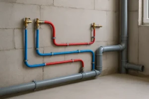 Widok na instalację wodno-kanalizacyjną w nowoczesnym wnętrzu, pokazujący system rur i punktów poboru.