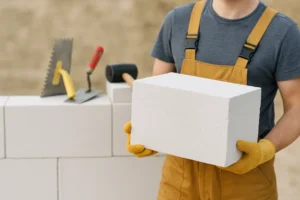 Budowniczy z bloczkiem betonu komórkowego i narzędziami murarskimi.