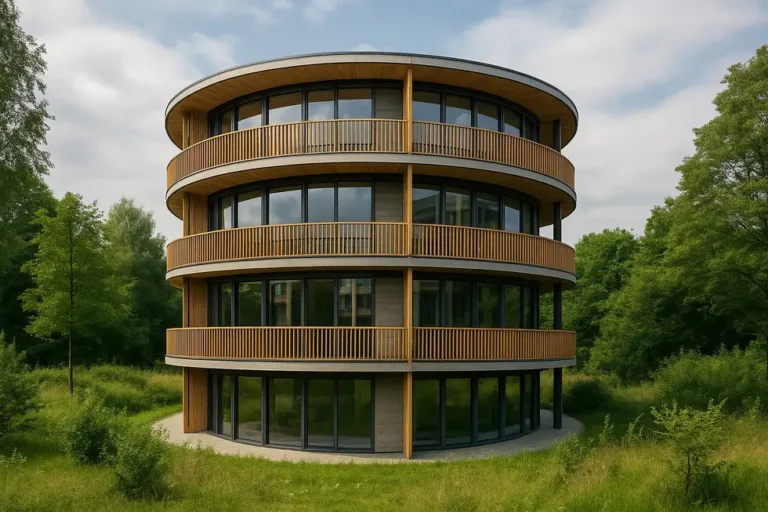 Budownictwo cyrkularne – nowa era w architekturze 7 Budowla cyrkularna na tle natury, ukazująca nowoczesne podejście do zrównoważonego budownictwa.