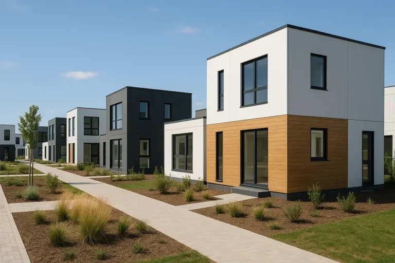 Budownictwo modułowe i prefabrykacja – szybciej, taniej, lepiej? 10 Widok nowoczesnego osiedla, gdzie dominują domy modułowe i prefabrykowane.