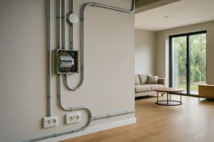 Widok nowoczesnego wnętrza domu z elementami instalacji elektrycznej.