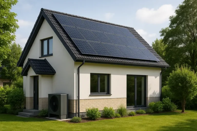 Ile paneli fotowoltaicznych potrzeba na dom 150m2 z pompą ciepła? 6 Zdjęcie nowoczesnego domu z panelami fotowoltaicznymi i pompą ciepła w otoczeniu zieleni.