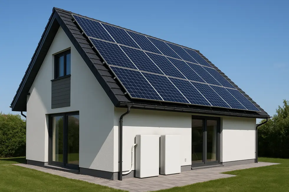 Dom z panelami słonecznymi i akumulatorami, reprezentujący autokonsumpcję energii.