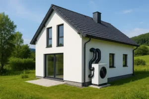 Obrazek nowoczesnego domu z technologią wentylacji mechanicznej, wpływającej na środowisko.