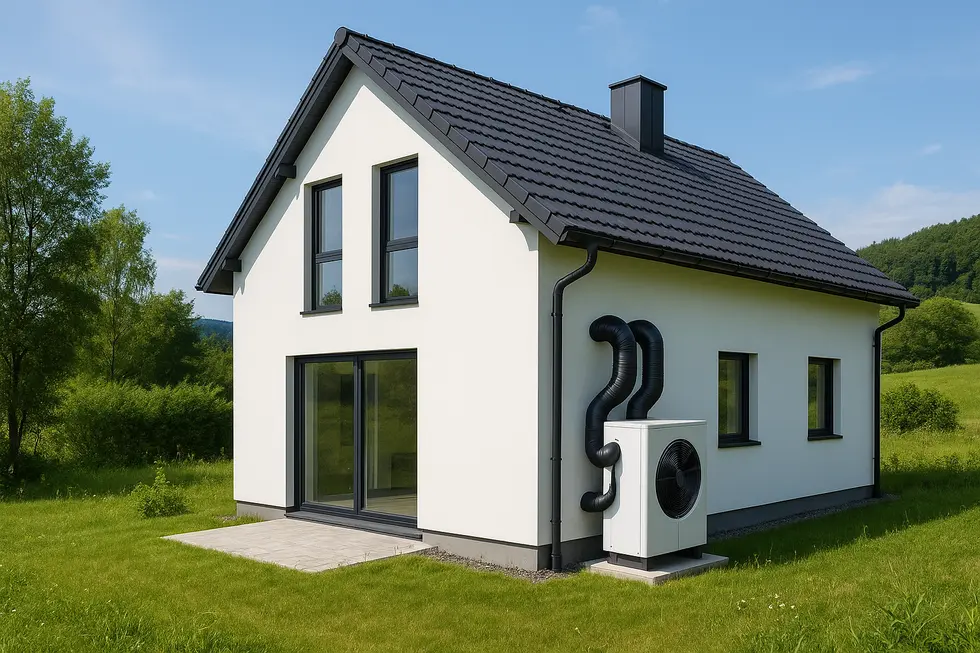 Obrazek nowoczesnego domu z technologią wentylacji mechanicznej, wpływającej na środowisko.