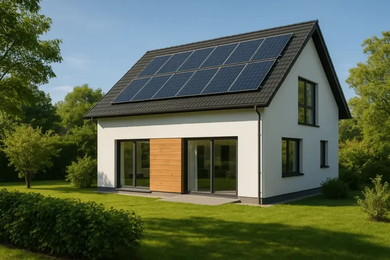 Eko-kredyt hipoteczny – które banki oferują lepsze warunki na dom energooszczędny? 12 Energooszczędny dom z panelami słonecznymi otoczony zielenią.