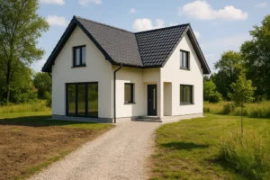 Nowy budynek mieszkalny przedstawiający urokliwą architekturę w pięknym otoczeniu.