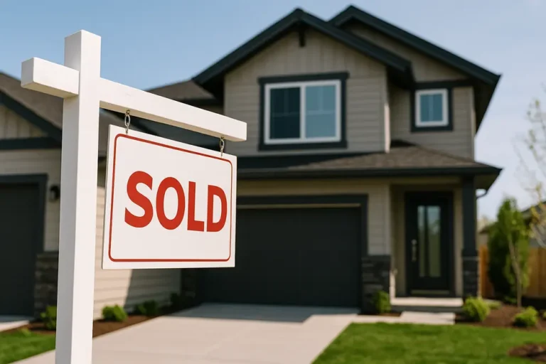 Co po odbiorze domu? Kluczowe formalności dla nowych właścicieli 5 Nowy dom z oznaczeniem sprzedany, reprezentujący zakończony proces zakupu.