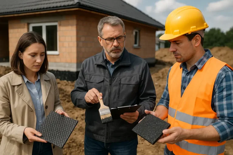 Hydroizolacja fundamentów: Dlaczego Dysperbit to nie zawsze najlepszy wybór? 3 Grupa budowlana analizująca metody hydroizolacji fundamentów w celu lepszego zabezpieczenia budynku.