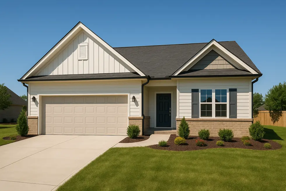 Zdjęcie nowo wybudowanego domu z zadbanym ogrodem.