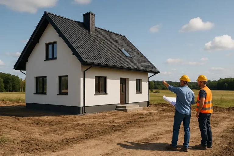 Ile kosztuje odbiór domu? Kluczowe wydatki na etapie finalizacji budowy 4 Nowy dom jednorodzinny obok placu budowy, z ekipą robotników w tle.