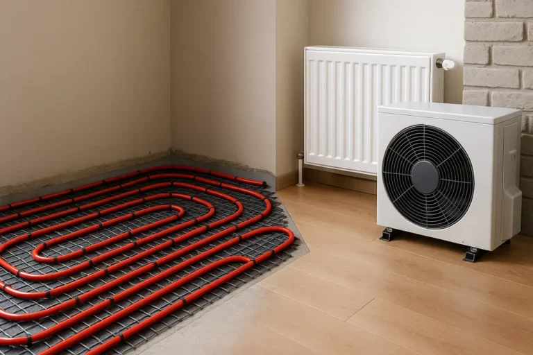 Ogrzewanie podłogowe czy grzejniki: Co jest bardziej efektywne w pompie ciepła? 5 Wizualizacja systemów ogrzewania podłogowego i grzejników połączonych z pompą ciepła.