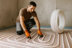 Widok instalacji ogrzewania podłogowego z rozłożonymi rurkami oraz zastosowanymi materiałami wykończeniowymi.