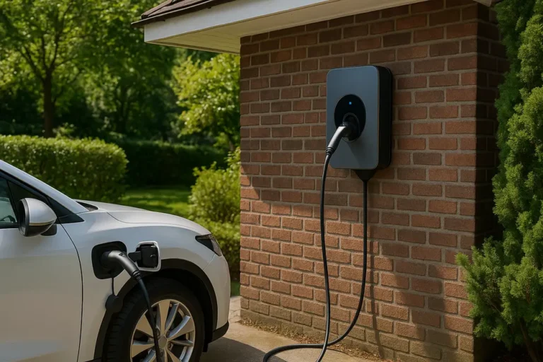 Przydomowa stacja ładowania samochodu elektrycznego – kompleksowy przewodnik dla właścicieli EV 12 Obraz przedstawiający stację ładowania EV w otoczeniu przyjaznym środowisku.