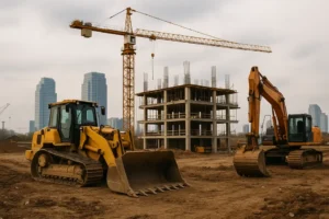Plac budowy z nowoczesnym sprzętem budowlanym w akcji.