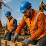 Ekipa budowlana przy pracy na placu budowy z maszynami i narzędziami.