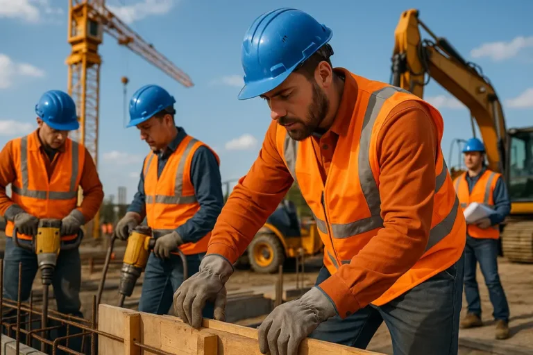 Pozwolenie na budowę 2025 – Twój przewodnik do łatwej procedury 1 Ekipa budowlana przy pracy na placu budowy z maszynami i narzędziami.