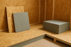 A comparative image showing MFP and OSB panels used in building applications.