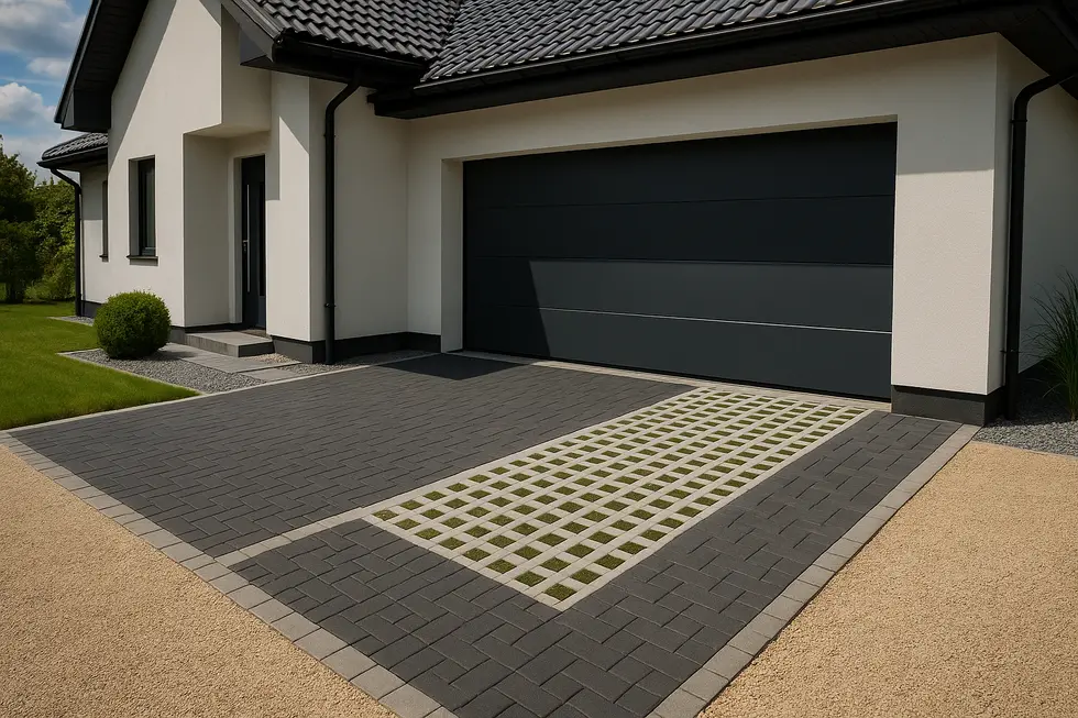 Widok na nowoczesny, estetyczny podjazd do garażu w otoczeniu zieleni.