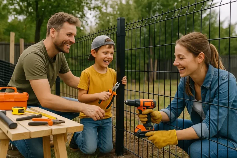 Samodzielne ogrodzenie panelowe: jak oszczędzić i zrealizować marzenia o prywatności 10 Rodzina na działce, montująca wspólnie ogrodzenie panelowe.