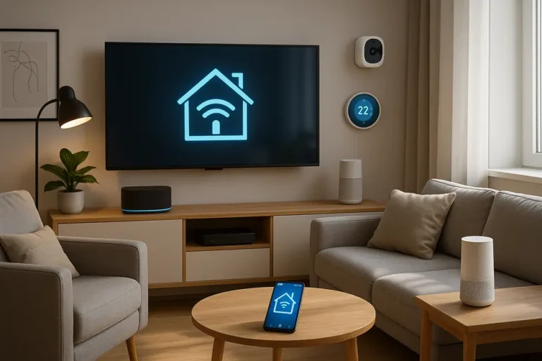 Inteligentny dom dla początkujących – jak zacząć i oszczędzać? 3 A modern smart home setup featuring various smart devices.