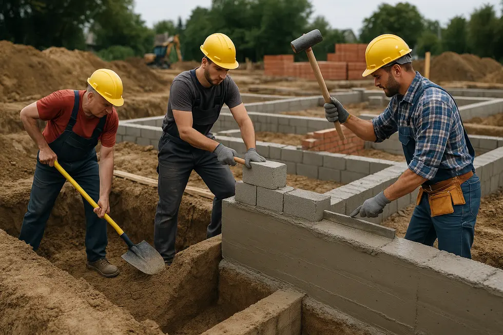 Wizualizacja stanu zerowego budowy z wykopami, fundamentami i fachowcami pracującymi na placu budowy.