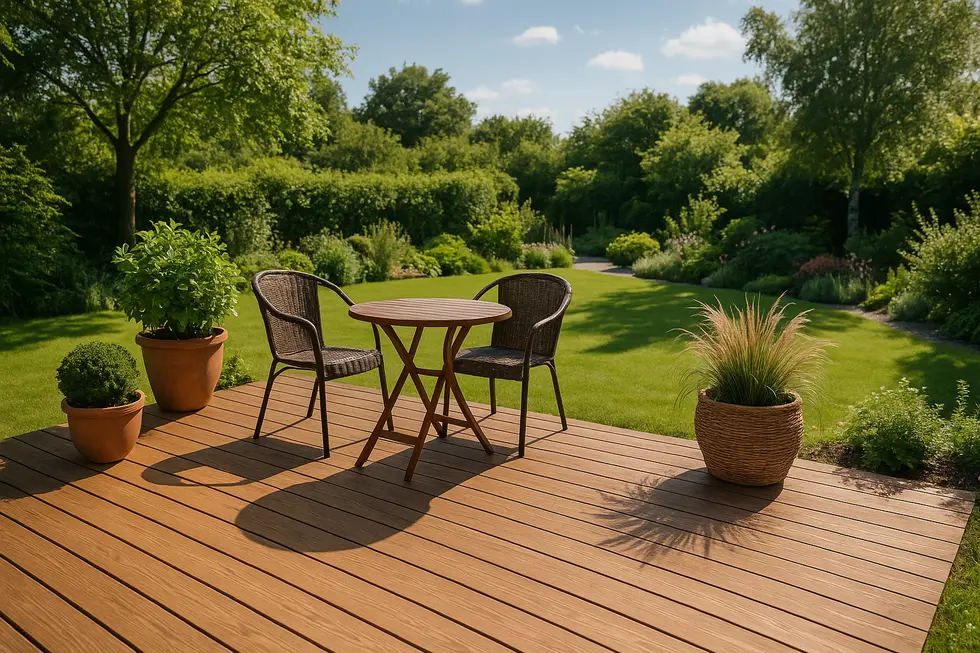 Beautiful wooden terrace in a garden setting with furniture and plants.