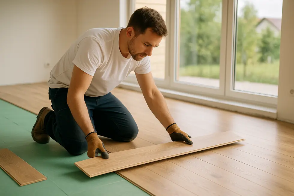 Widok na osobę układającą nowoczesne panele podłogowe w przytulnym wnętrzu.