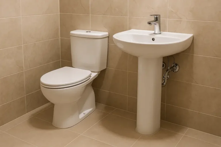 Proste prace hydrauliczne: Jak samodzielnie podłączyć WC i umywalkę 5 Nowoczesna łazienka z zamontowanym WC i umywalką, pokazująca efekty prac hydraulicznych.