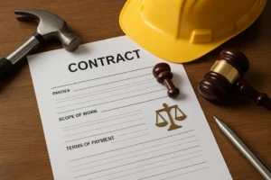 Ilustracja dokumentu umowy budowlanej z kluczowymi zapisami.