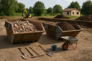 Photo of a construction site showcasing waste management practices, including containers for debris disposal.