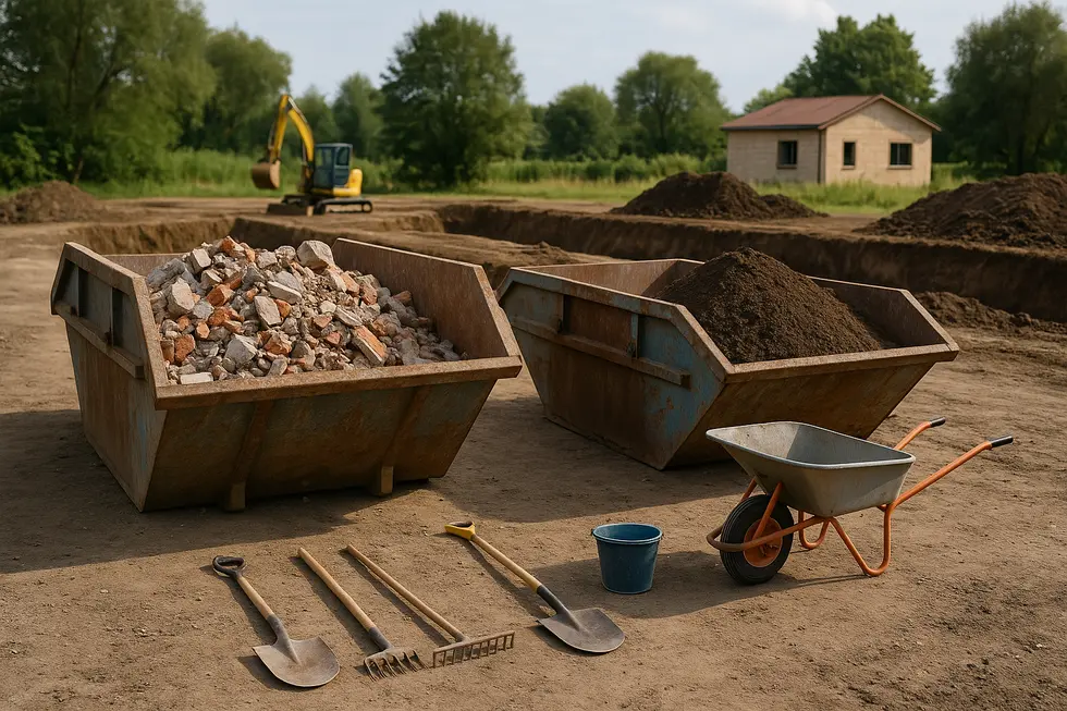 Photo of a construction site showcasing waste management practices, including containers for debris disposal.