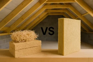 Oba materiały izolacyjne - wełna drzewna i mineralna, ukazujące ich różnice i zalety.