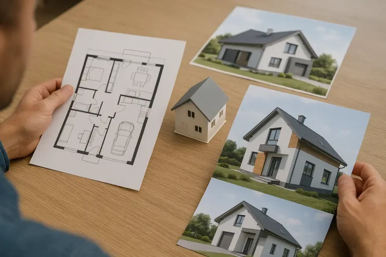 Projekt gotowy czy indywidualny? Jaką opcję wybrać przy ograniczonym budżecie? 7 Kolaz projektów budowlanych reprezentujących różne podejścia do architektury.