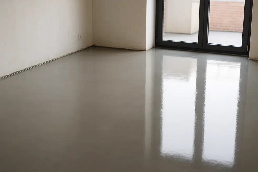 Zdjęcie podłogi po wykonaniu wylewki samopoziomującej, idealnie równej i estetycznej.