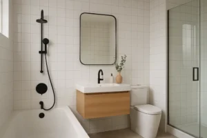 Wykończona łazienka z idealnie ułożonymi płytkami na ścianach.