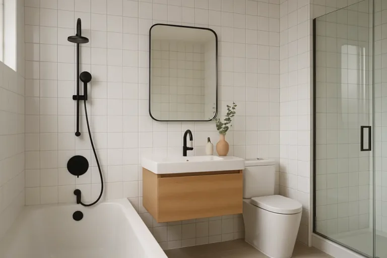 Jak samemu położyć płytki na ścianie w łazience? Kompletny przewodnik 9 2 Wykończona łazienka z idealnie ułożonymi płytkami na ścianach.