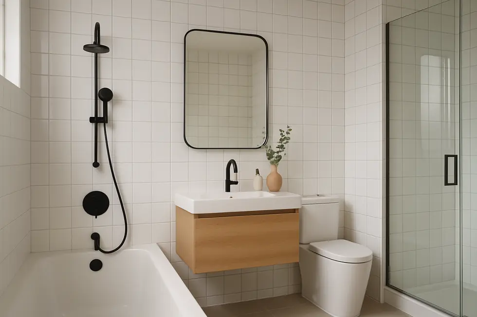 Wykończona łazienka z idealnie ułożonymi płytkami na ścianach.