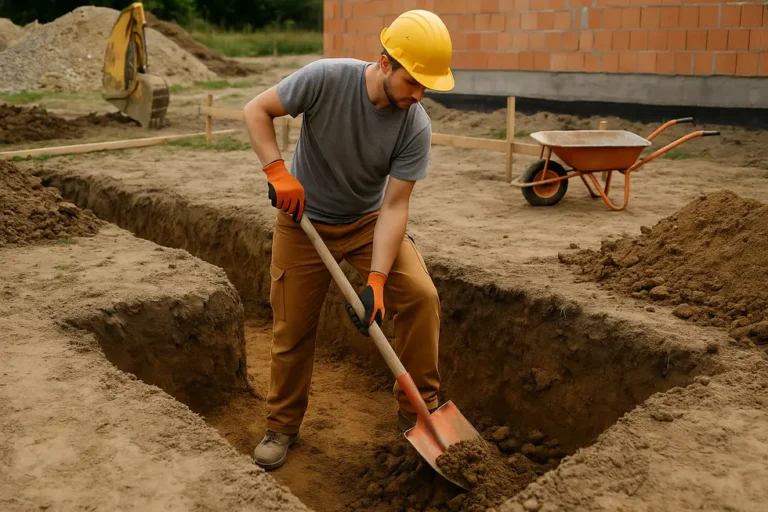 Jak wykonać wykop pod fundamenty i zaoszczędzić kilka tysięcy? 1 Osoba pracująca przy wykopie fundamentowym z narzędziami.