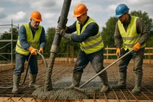Zespół budowlany wykonujący zalewanie stropu z odpowiednim sprzętem.