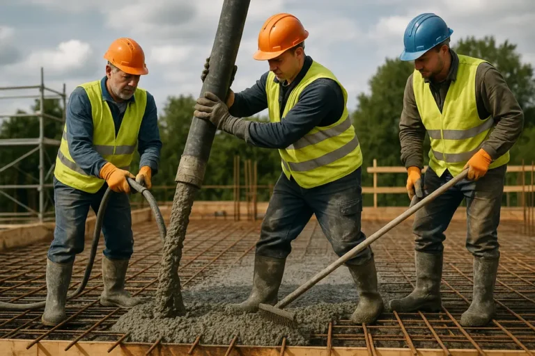Zalewanie stropu: Dlaczego tej pracy lepiej nie robić samemu? 8 Zespół budowlany wykonujący zalewanie stropu z odpowiednim sprzętem.