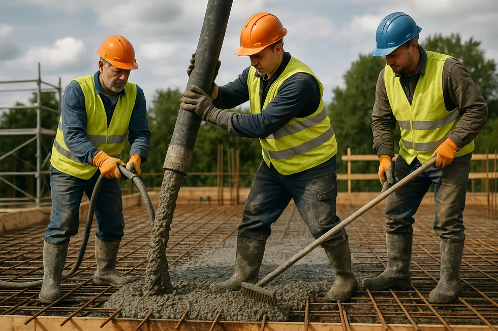 Zespół budowlany wykonujący zalewanie stropu z odpowiednim sprzętem.