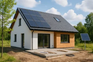 Fotografia zrównoważonego domu otoczonego zielenią i technologią odnawialnej energii.