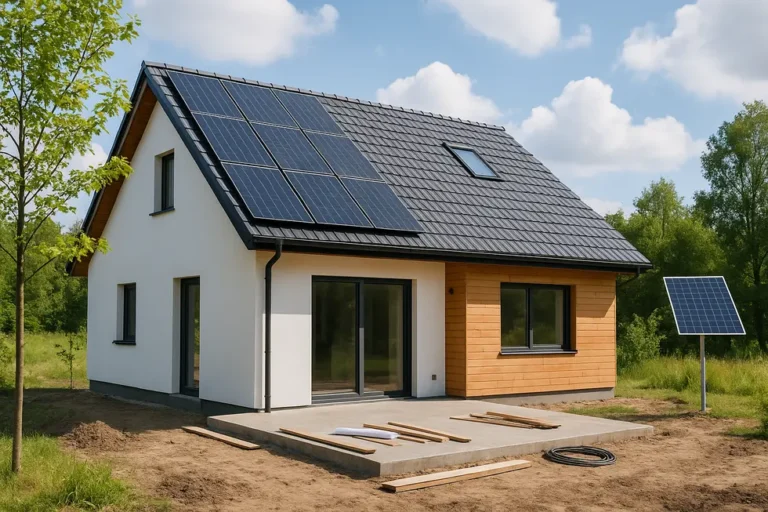 Jak połączyć dotacje? Maksymalne dofinansowanie przy budowie domu 6 Fotografia zrównoważonego domu otoczonego zielenią i technologią odnawialnej energii.