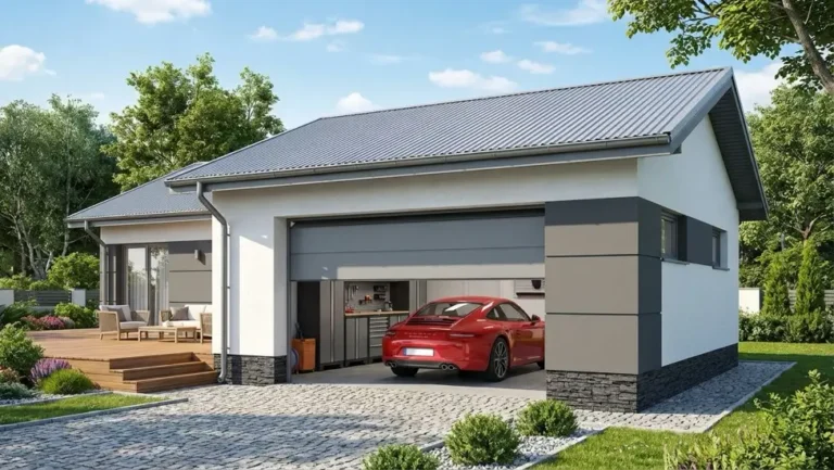 Nowoczesny garaż murowany w białym kolorze z szarymi akcentami - brama segmentowa otwarta z czerwonym autem w środku, estetyczny garaż przy domu