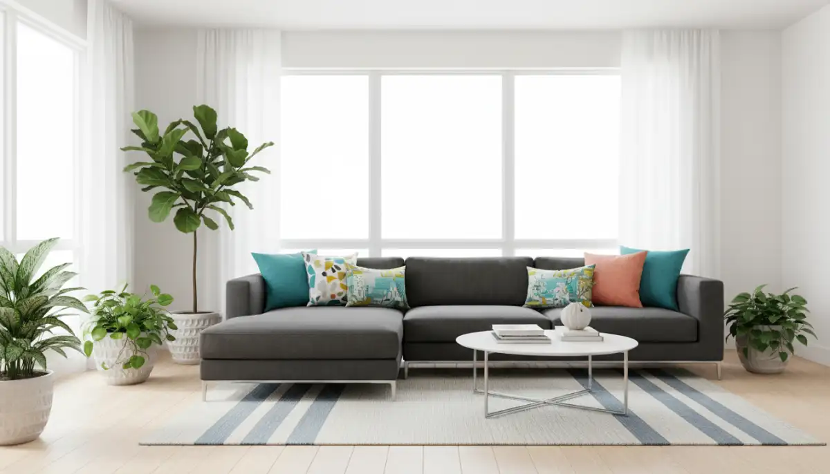 Nowoczesny salon z białymi ścianami, ciemna kanapa, kolorowe poduszki i duże okna - malowanie ścian na biało 2026